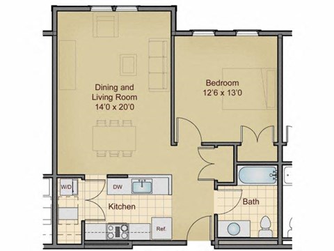 Floor plan for 1 bed, 1 bath, 717 sqft
